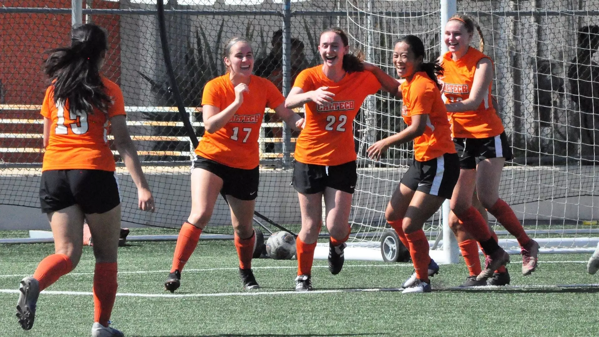 Caltech Women's Soccer players celebrate Jennifer Solgaard's goal