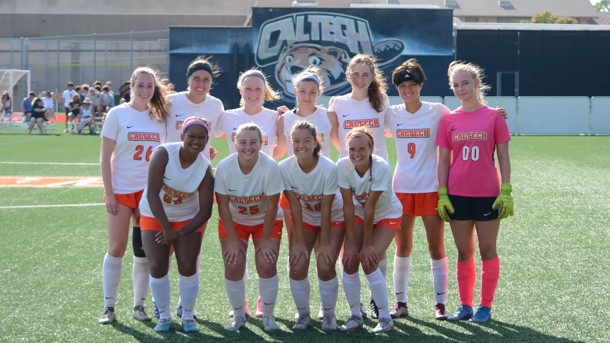 Caltech Women's Soccer's starting eleven pose before kicking off against TLU