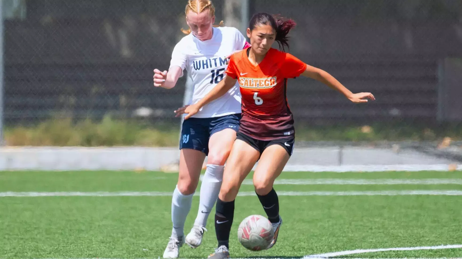 Ellie Yamada of Caltech Women's Soccer dribbling during a 2024 home game