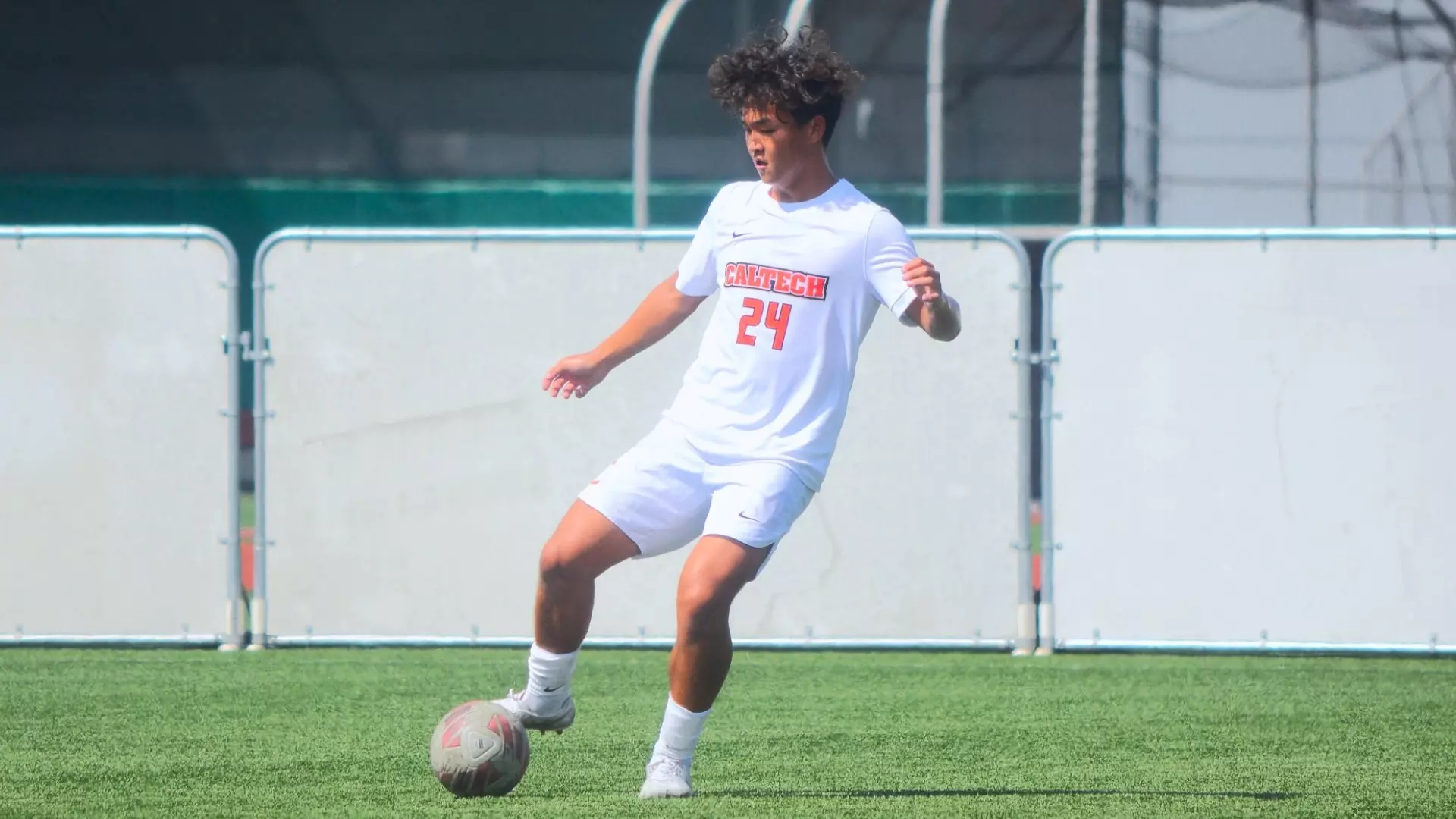 Caltech Men's Soccer's Dean Yao with the ball during a 2024 game