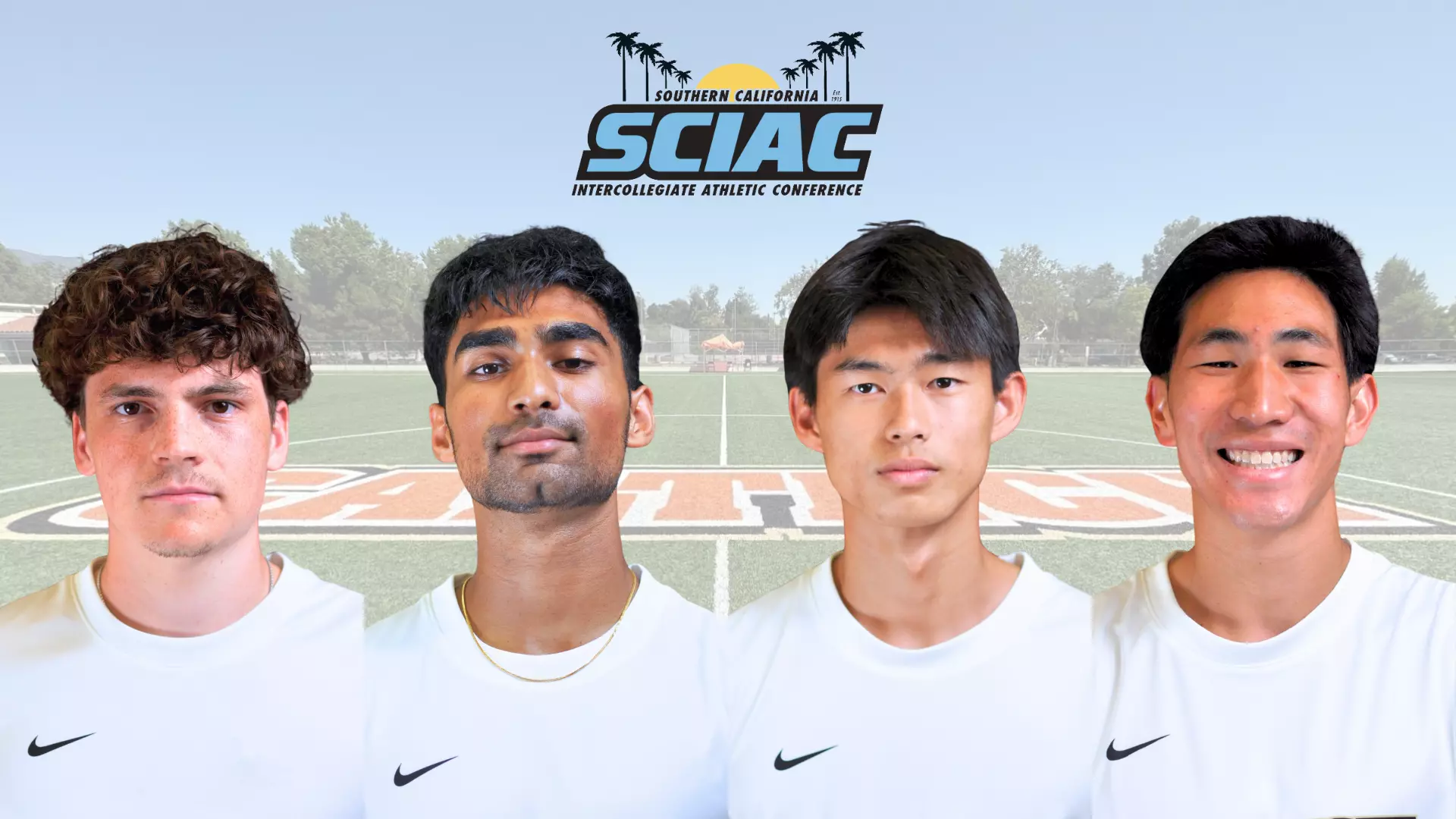 Headshots of Caltech Men's Soccer's Etienne Casanova, Ishaan Mantripragada, Matthew Luk and Andrew Chiang overlayed on top of a photo of Caltech's North Field. Top: SCIAC logo.