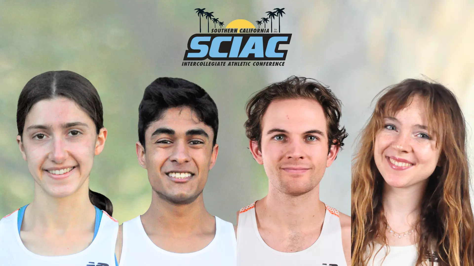 Headshots of Caltech Cross Country's Sophie Dalfonzo, Rohun Agrawal, Miles Jones and Gigi Pistilli overlayed on blurry cross country course background with SCIAC logo at top.