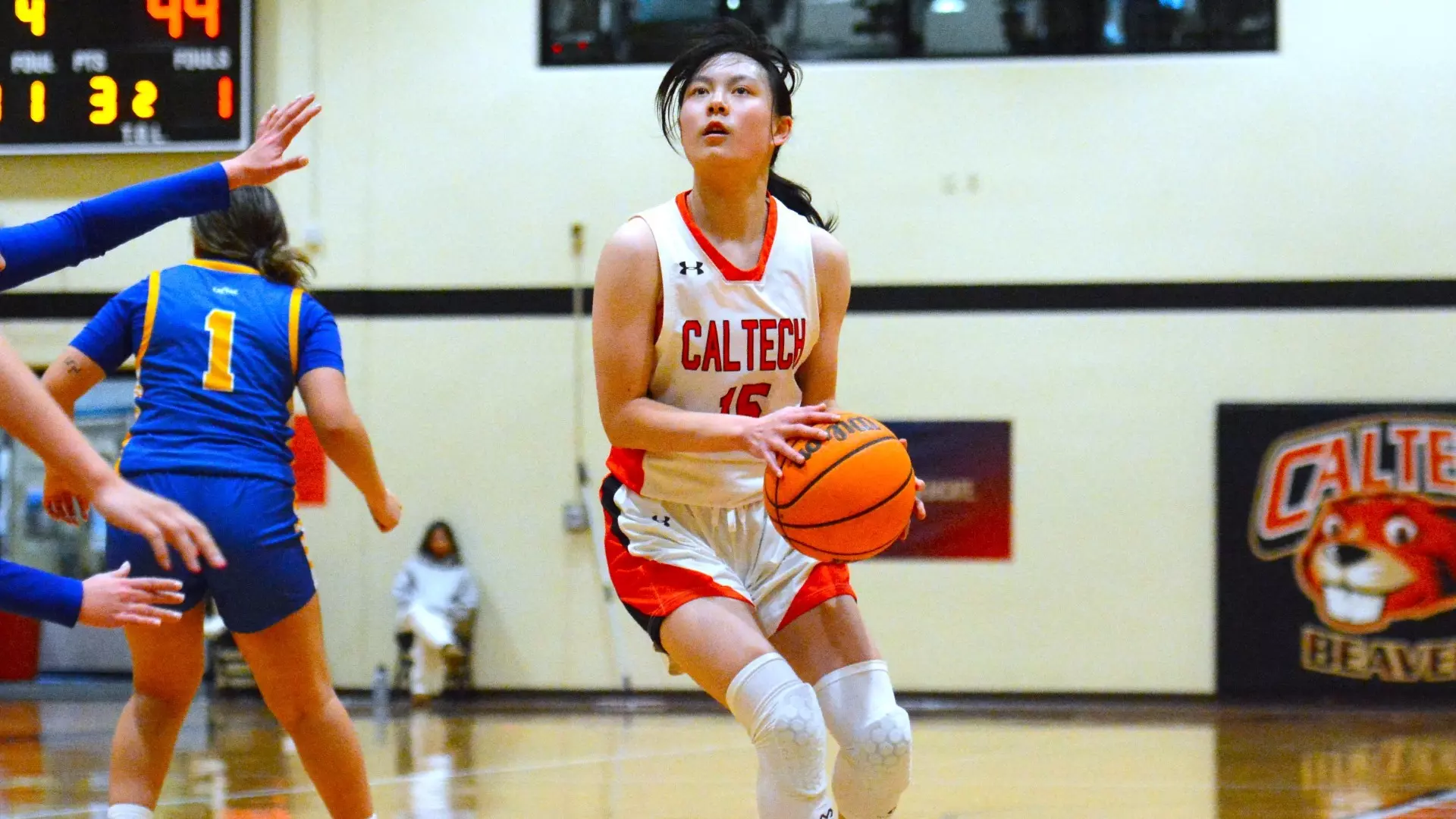 Carolyn Ruan of Caltech Women's Basketball shooting a jump shot at Braun Gymnasium during a 2024-25 contest