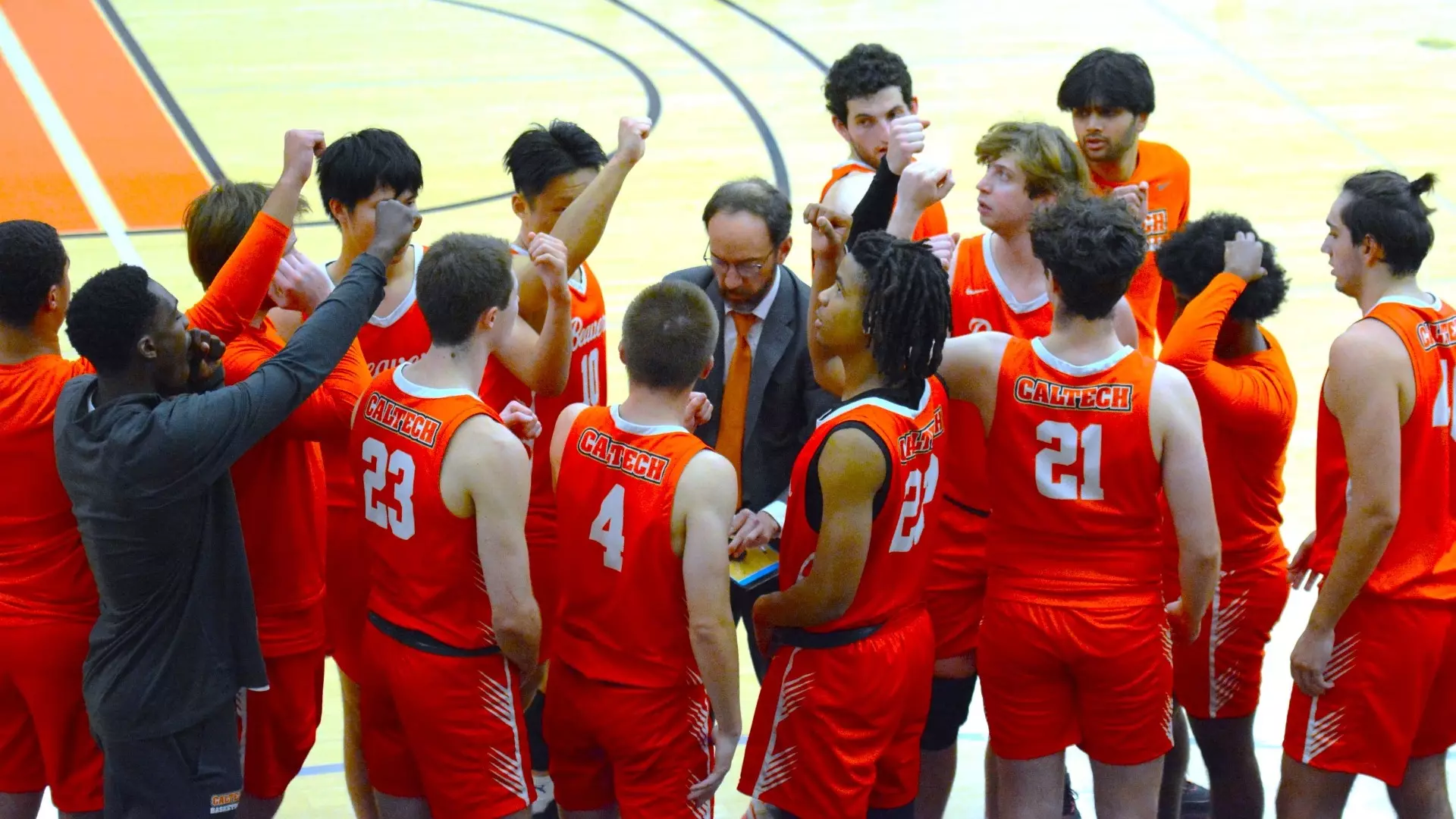 2024-25 Caltech Men's Basketball during a team huddle of a 2024-25 game