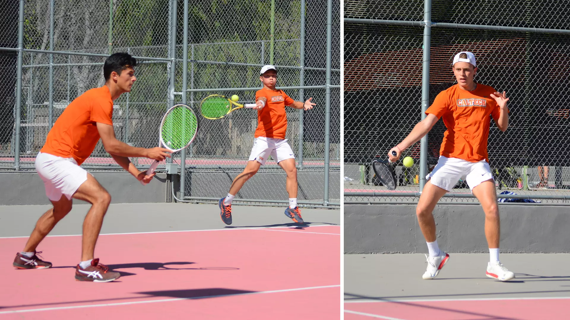 Left: Kyle McCandless stands ready while doubles teammate Daniel Wen returns a shot in the background. Right: Constantin Cedillo-Vayson de Pradenne winds up to return a shot with his forehand