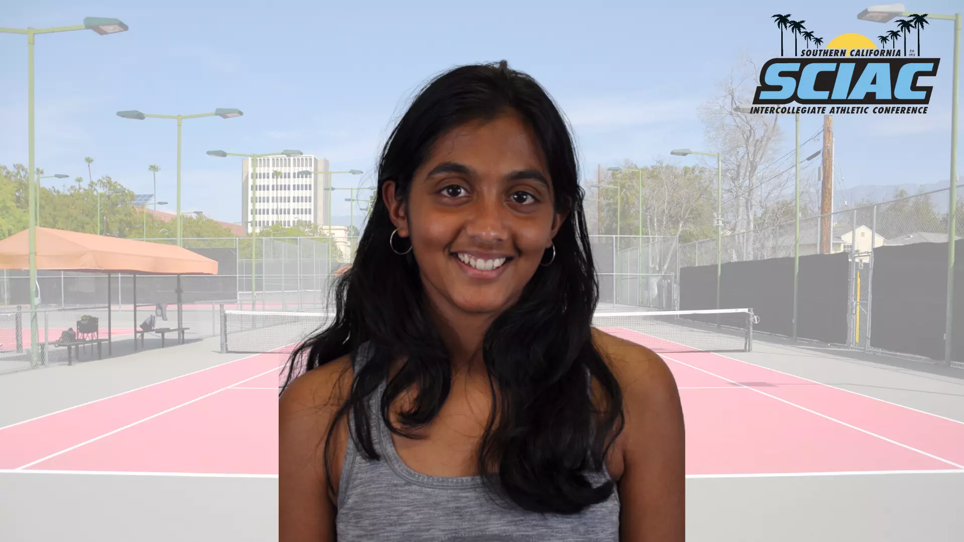 Payal Patel headshot over a tennis court in the background, SCIAC logo (Southern California Intercollegiate Athletic Conference)