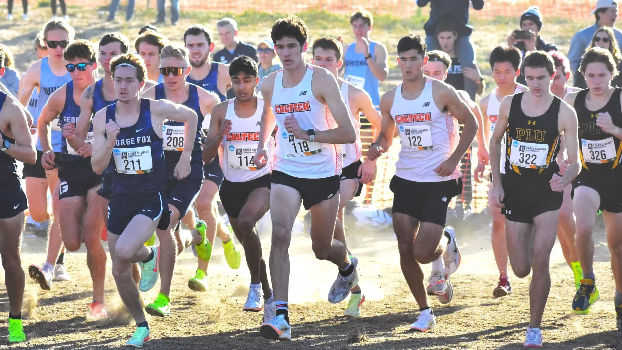 The men's cross country team running just after the start of the West Region championships