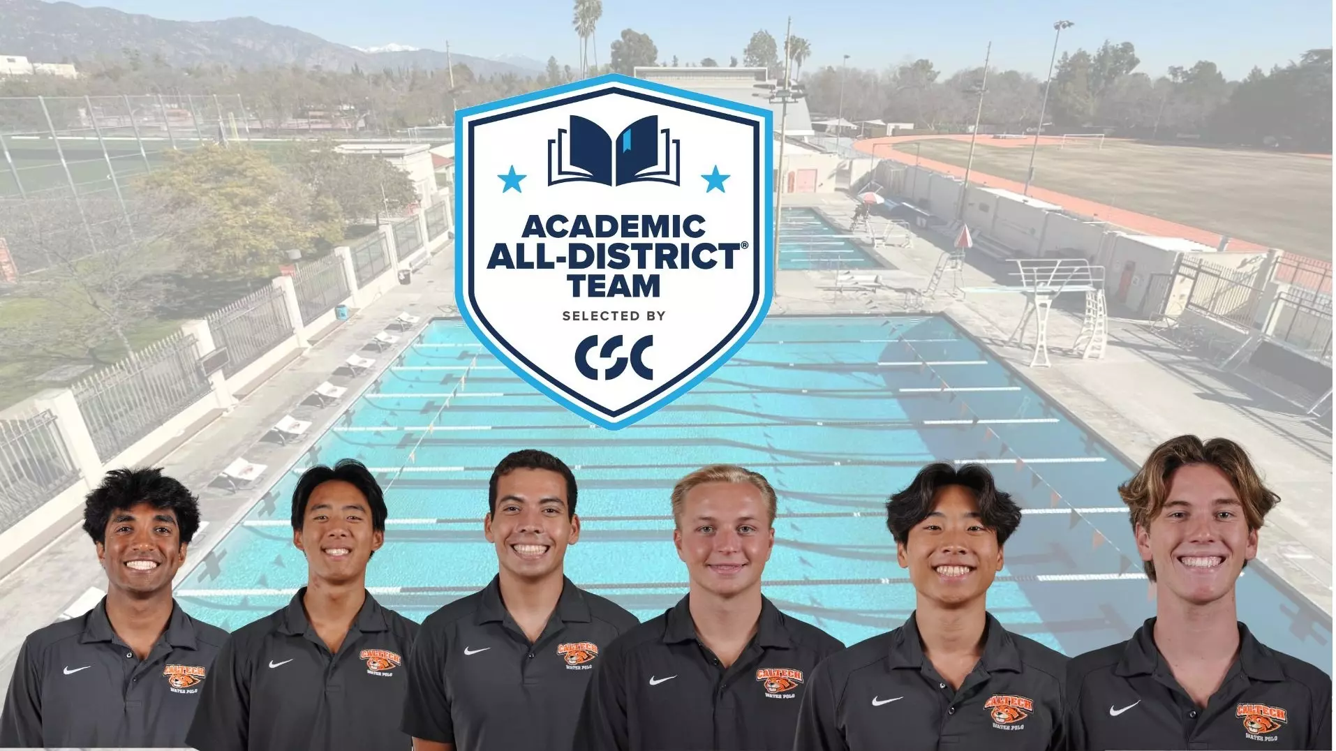 a graphic shows the media day headshots of the six Men's Water Polo academic All-District honorees. A faded photo of Braun pools serves as the background. A logo above the players identifies them as members of the Academic All-District team. 