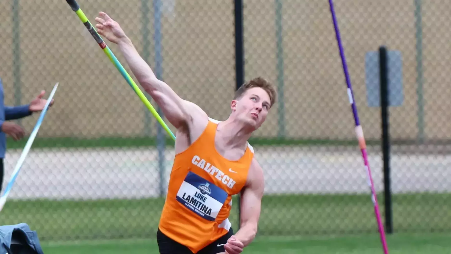 Luke Lamitina throws a javelin at the national championships
