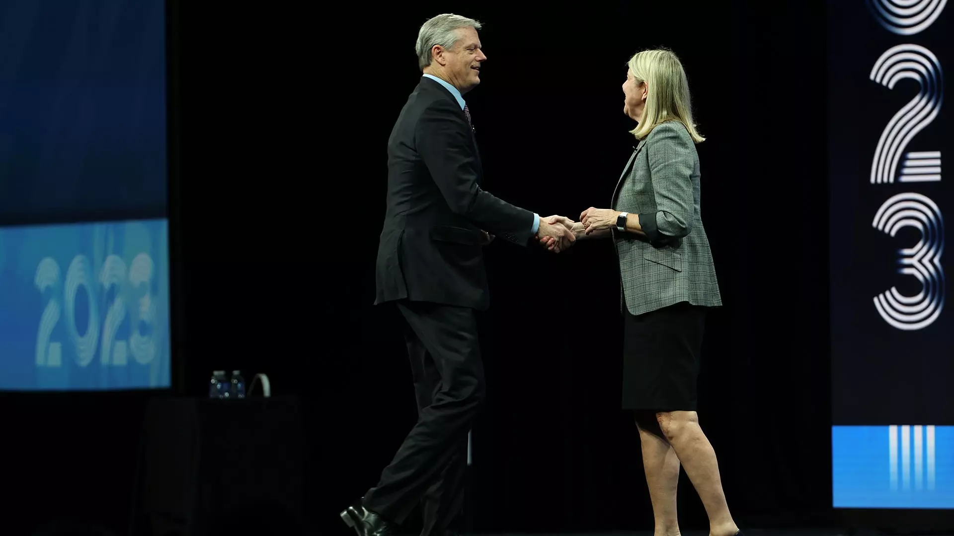 Incoming President Charlie Baker and Board of Governors Chair Linda A. Livingstone