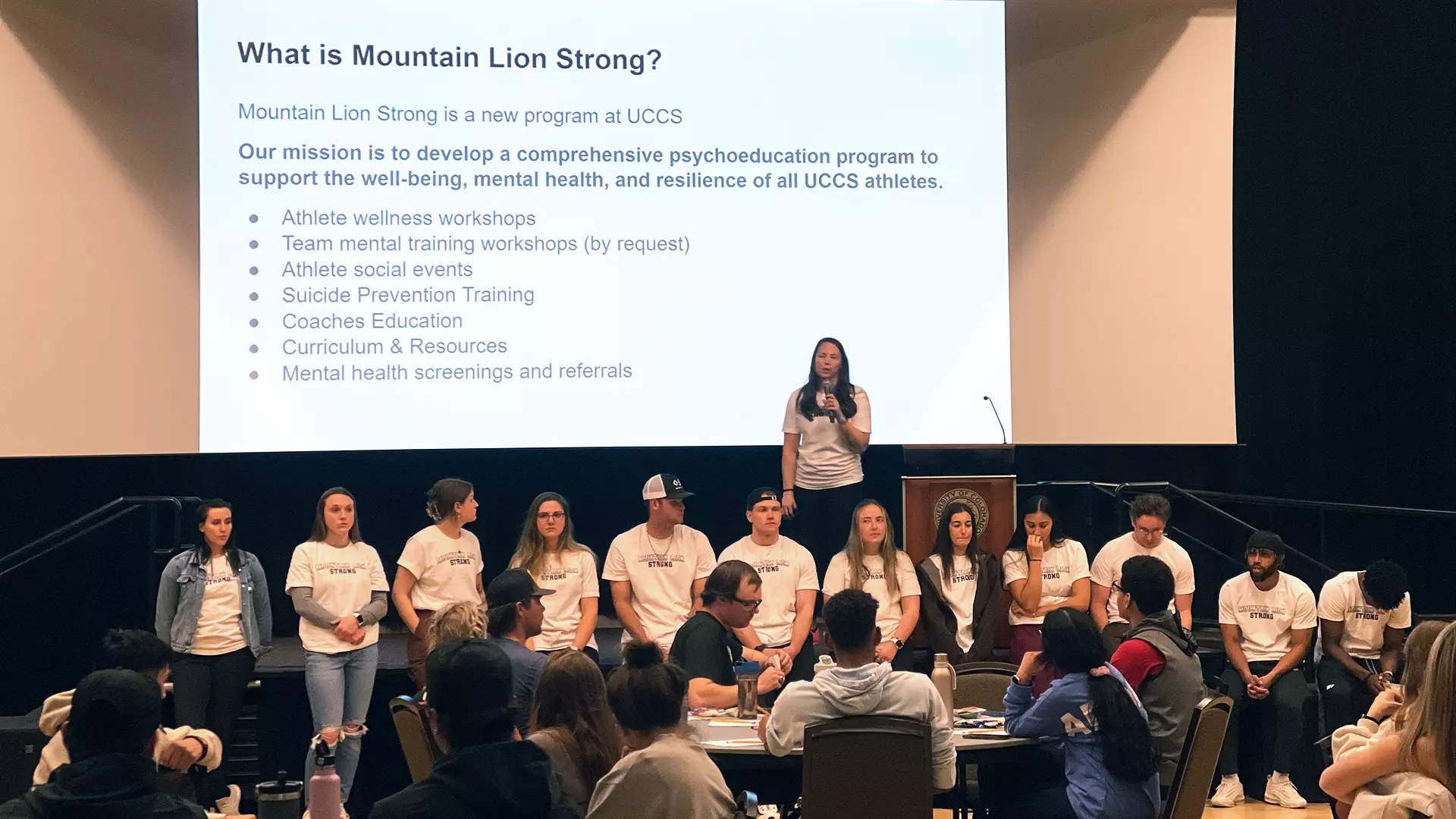 The Mountain Lion Strong program aims to develop and pilot a comprehensive, evidence-based model that uses a tiered, progressive and multifaceted approach to improve the psychological well-being of student-athletes. 