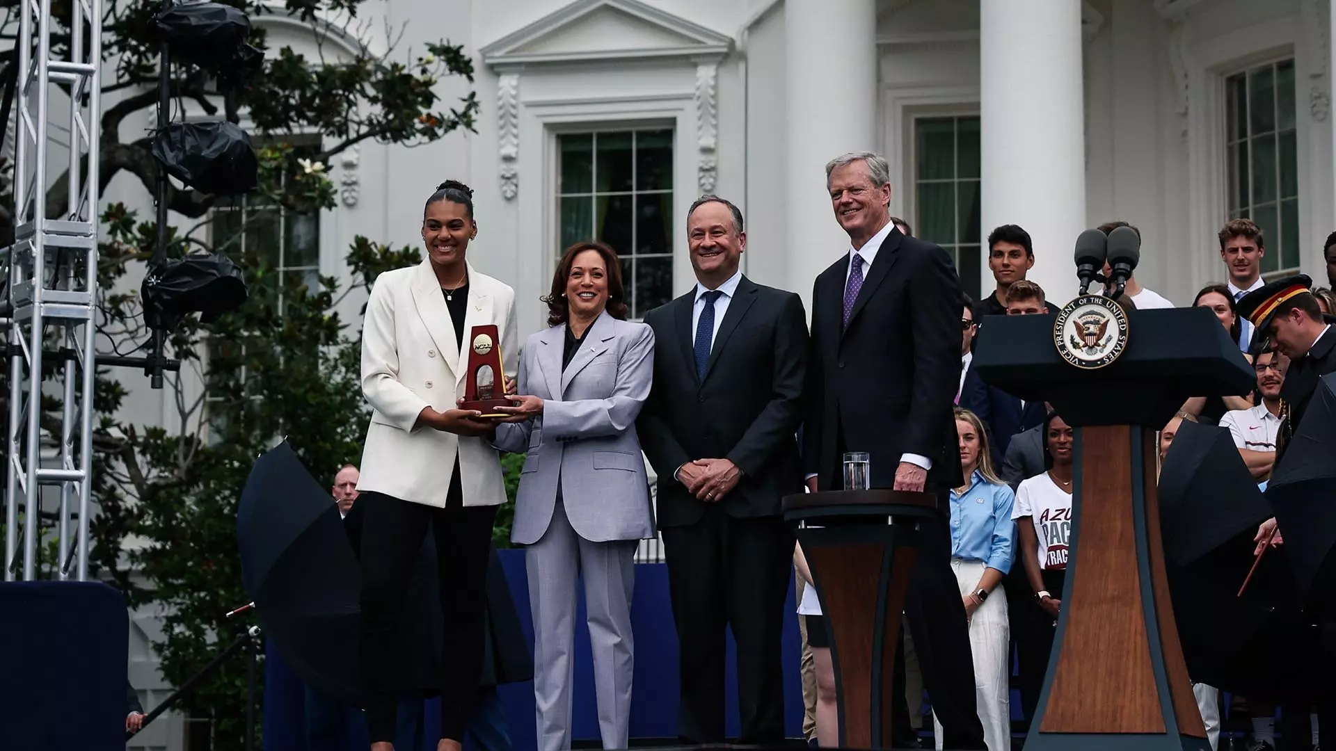 This is a photo of attendees in front of the White House for College Athlete Day on June 12, 2023.
