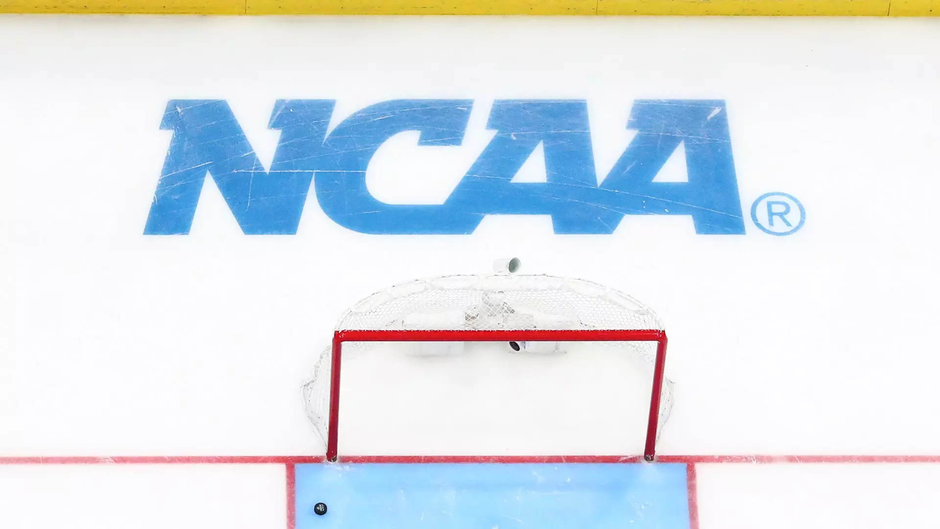 This is a photo of an ice hockey goal at the NCAA Championship.