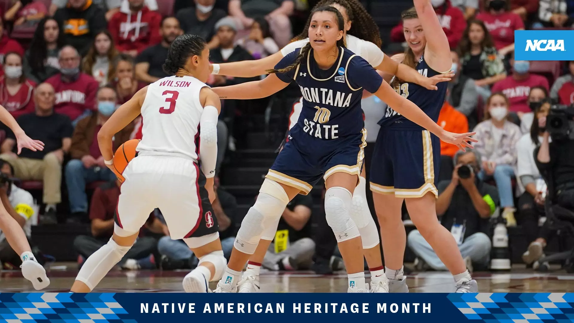 Kola Bad Bear, while at Montana State, plays defense against Stanford during the first round of the 2022 NCAA Division I Women’s Basketball Tournament. (Photo by John Todd / NCAA Photos via Getty Images)