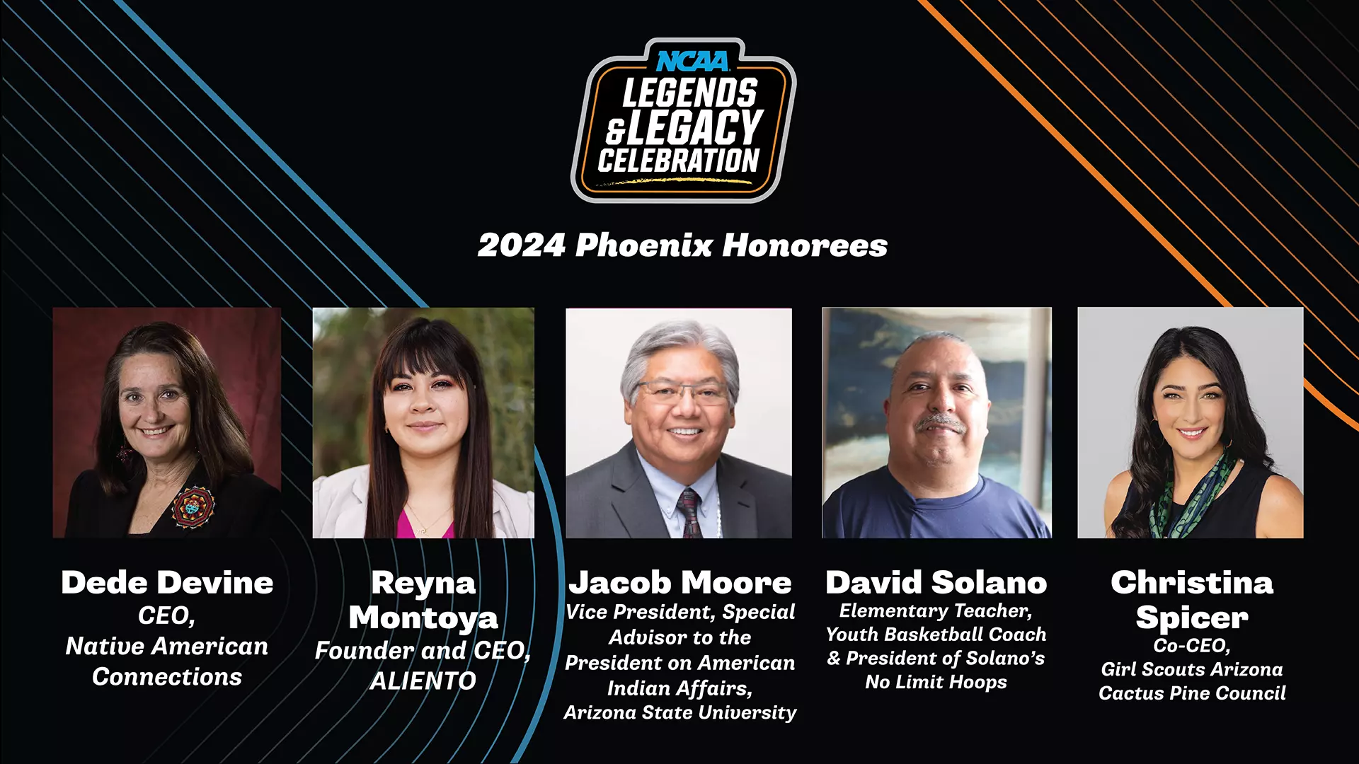The NCAA has named five individuals in the Phoenix area as its 2024 Legends and Legacy Community Award recipients: Diana “Dede” Yazzie Devine, Reyna Montoya, Jacob Moore, David Solano, and Christina Spicer