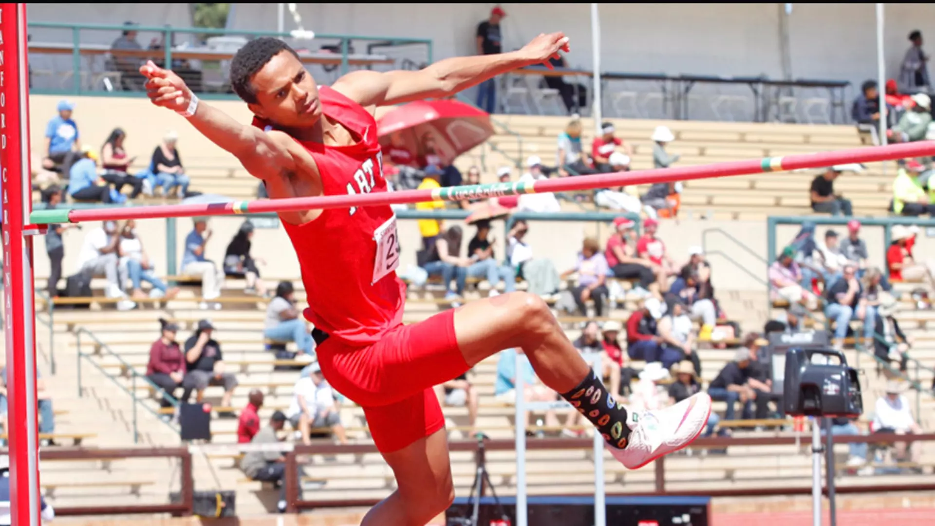 Elijah Roberts competing for Academy of Art in the high jump.