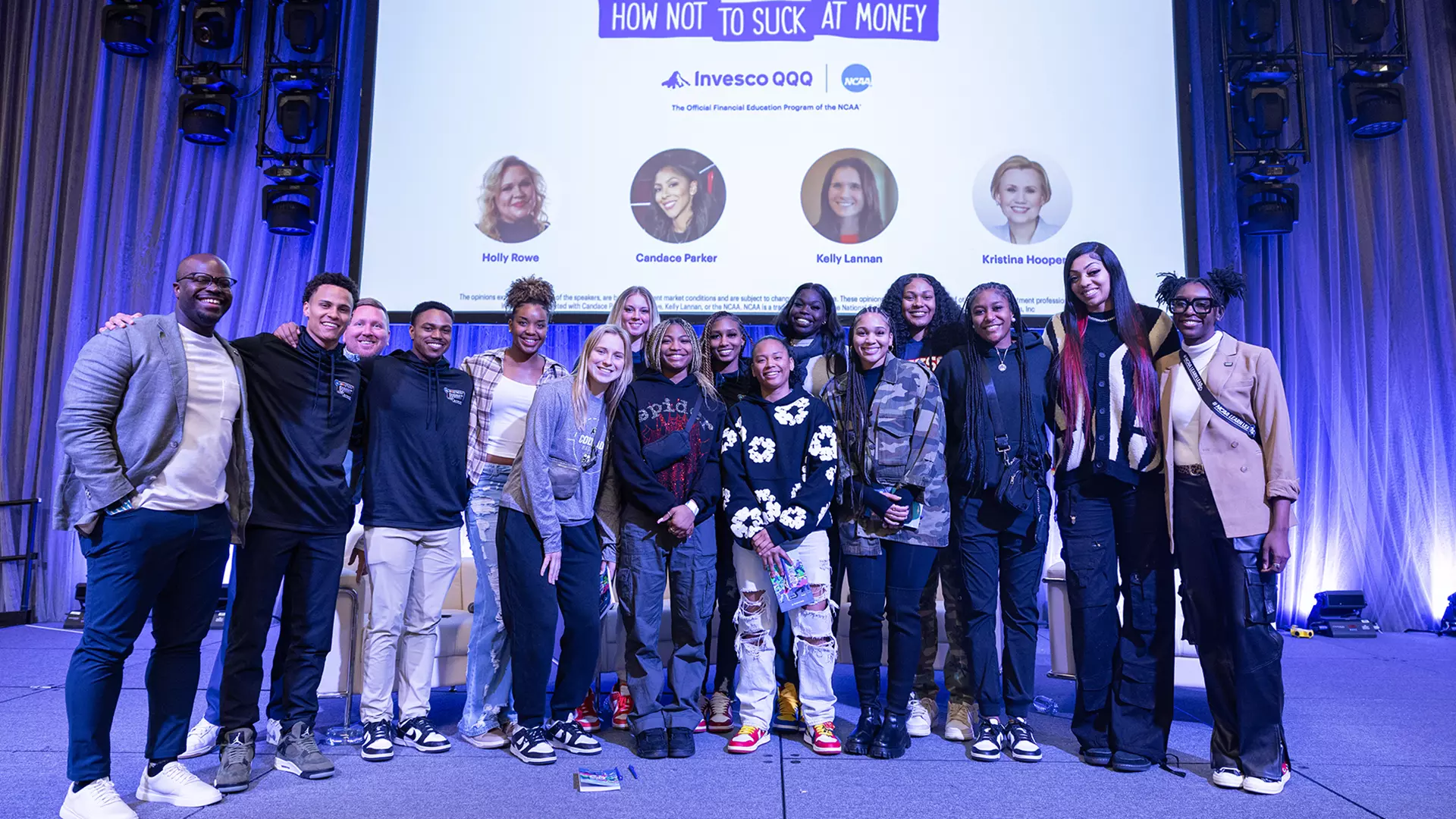 Attendees and staff for the NCAA Above the Rim Summit gathered after a financial education session during the Women’s Final Four in Cleveland.