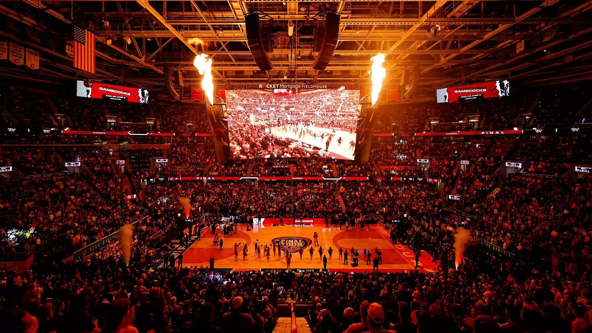 CLEVELAND, OHIO - APRIL 7: A wide shot during player introductions before the game between the South Carolina Gamecocks and the Iowa Hawkeyes during the NCAA Women’s Basketball Tournament National Championship at Rocket Mortgage Fieldhouse on April 7, 202