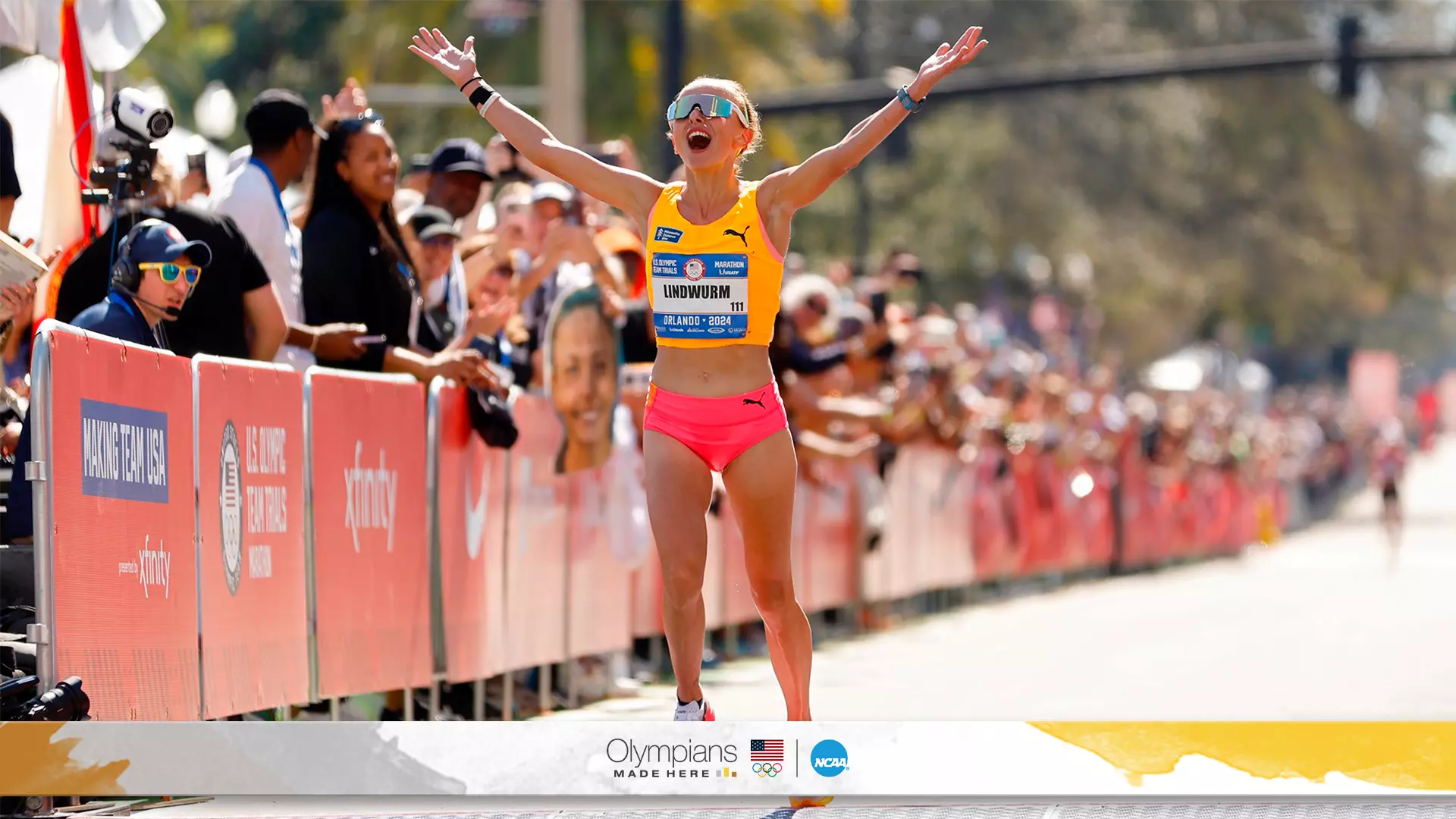 OMH Dakotah Lindwurm celebrates as she crosses the line in third place at the 2024 U.S. Olympic Marathon Trials in Orlando, Florida.