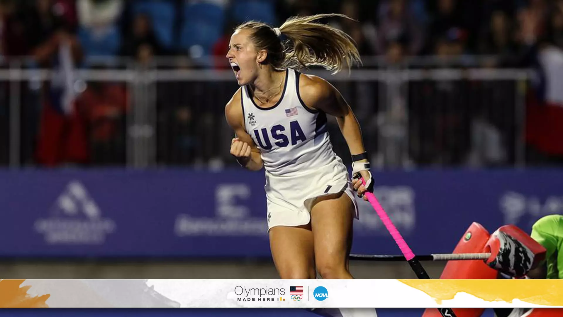 OMH Abby Tamer celebrates after scoring for Team USA in a 2023 match.