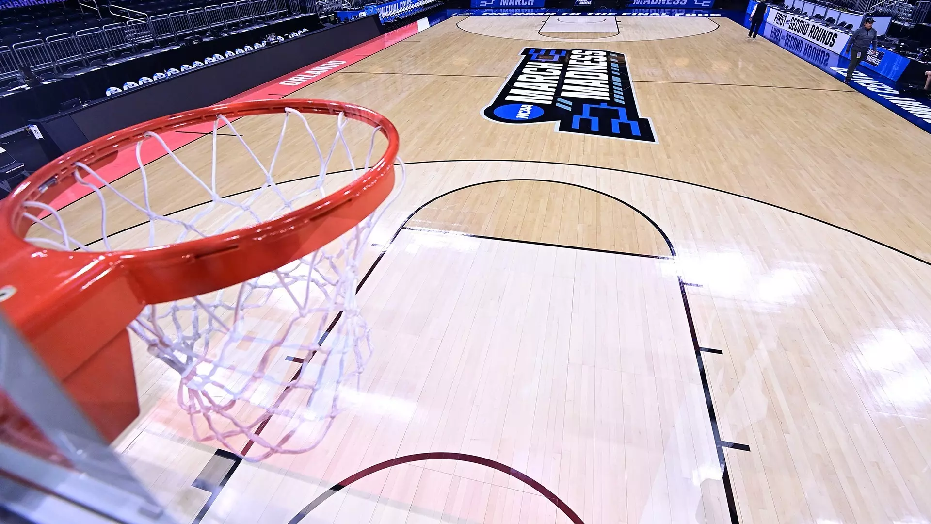 ORLANDO, FL - MARCH 15: A general view of the court ahead of the first round of the 2023 NCAA Men's Basketball Tournament held at Amway Center on March 15, 2023 in Orlando, Florida. (Photo by Ben Solomon/NCAA Photos via Getty Images)