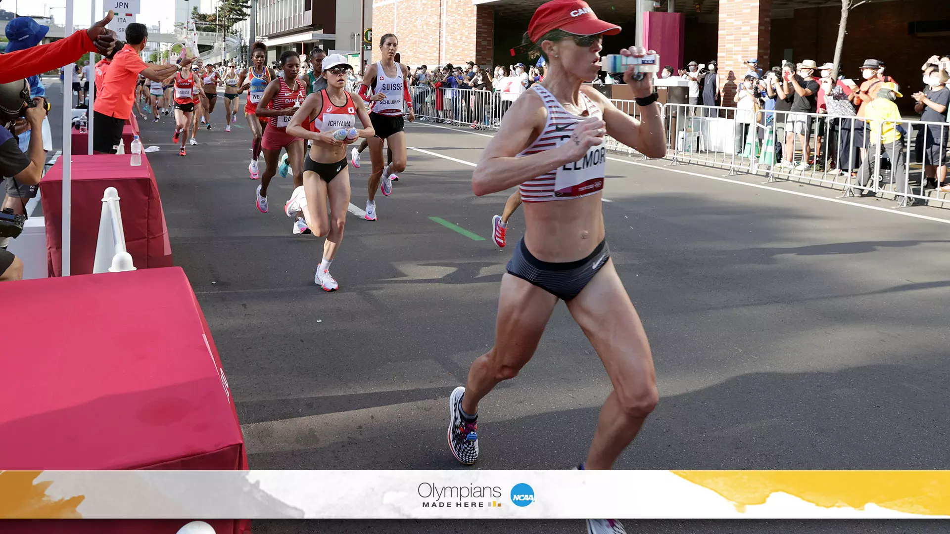Malindi Elmore (right) of Team Canada finished in the top 10 in the women’s marathon at the Tokyo Olympic Games. 