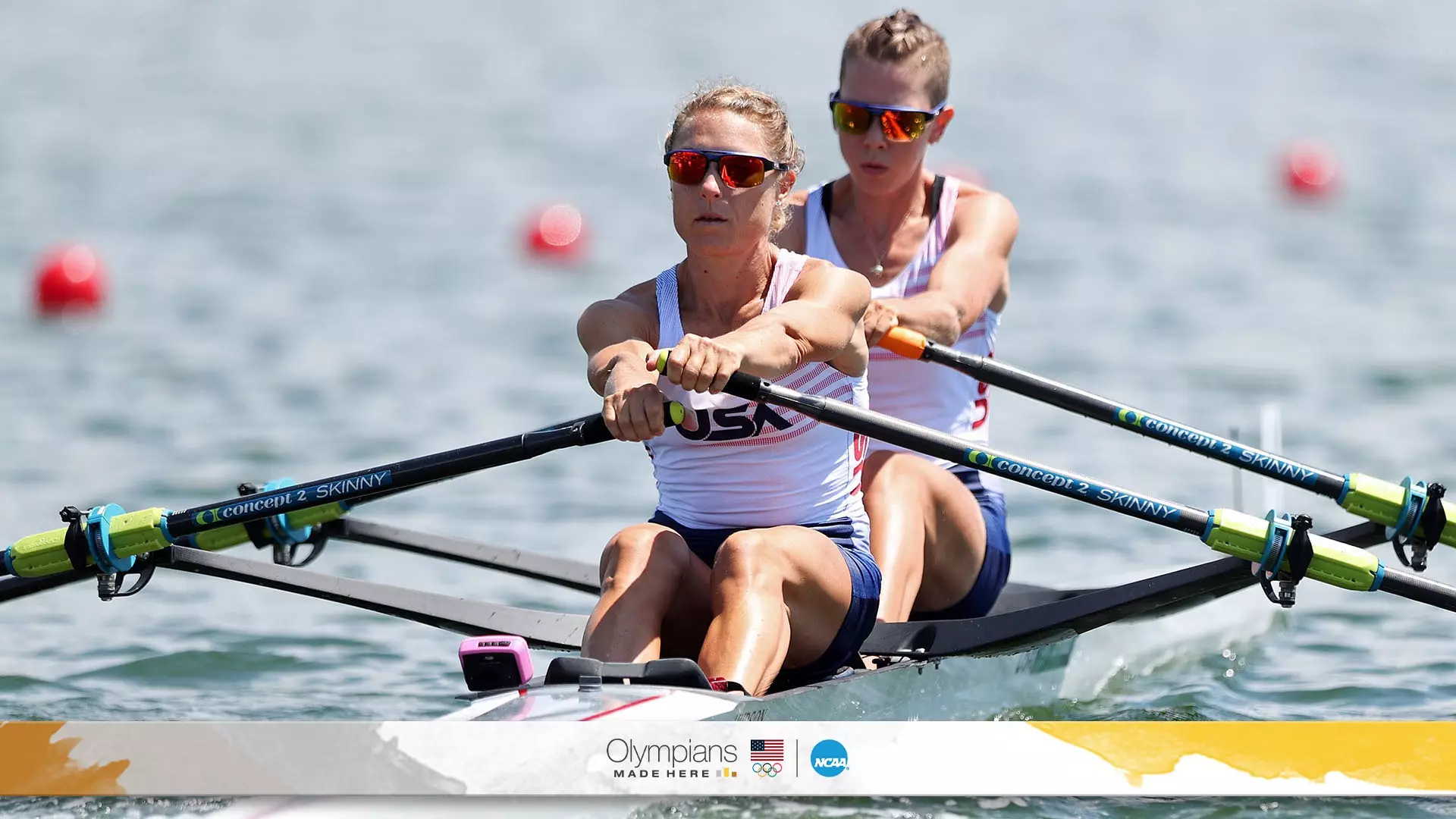 Michelle Sechser (front) and Molly Reckford of Team USA compete during the lightweight women's double sculls on day two of the Tokyo 2020 Olympic Games. 