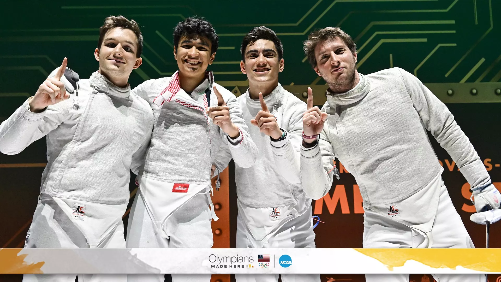 Filip Dolegiewicz (from left), Colin Heathcock, Mitchell Saron and Eli Dershwitz will compete for Team USA in sabre at the Paris Olympics. Dolegiewicz, Saron and Dershwitz have all competed for Harvard at the NCAA level, while Heathcock will begin his Harvard career in the fall. 