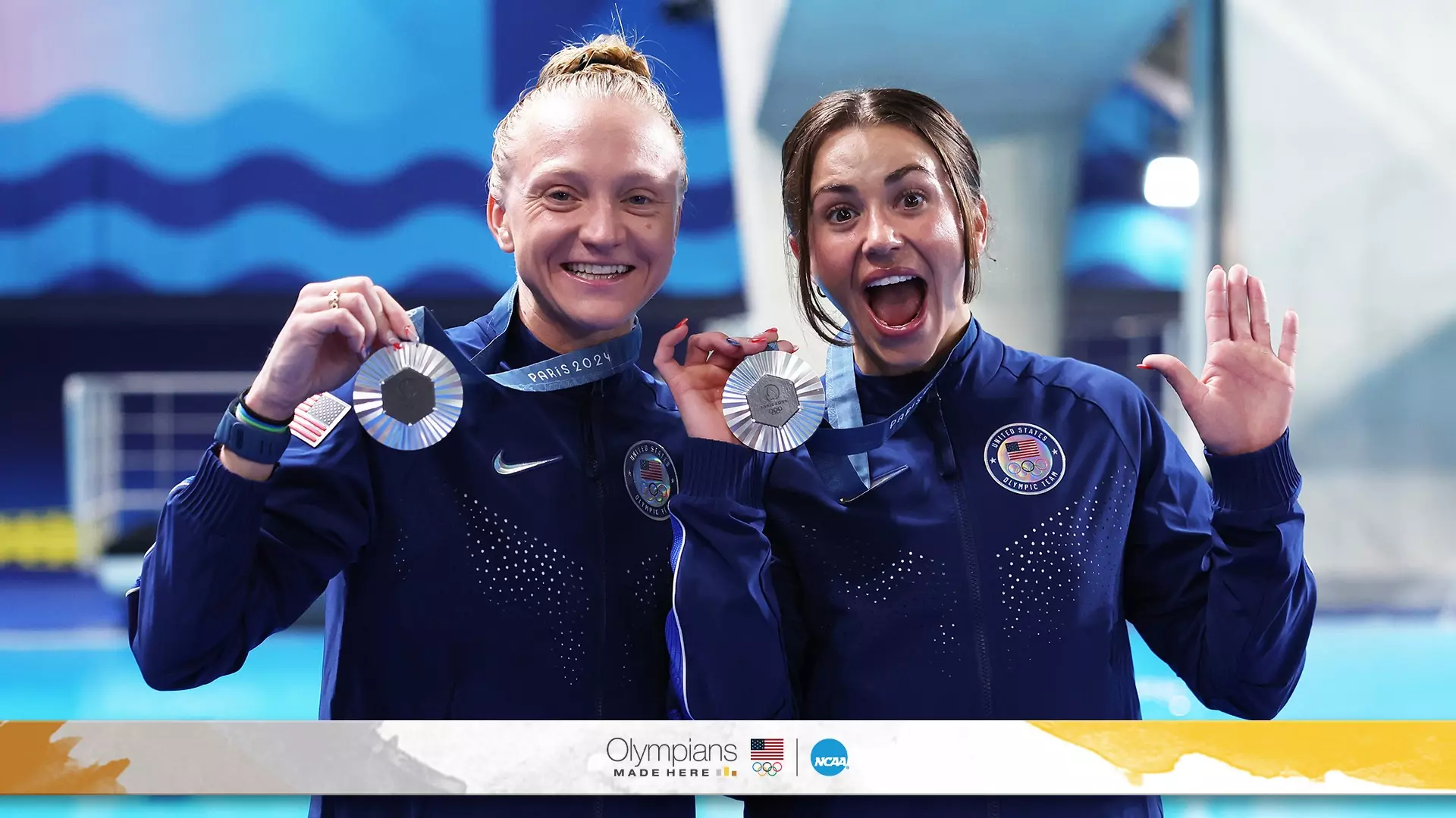 Kassidy Cook (right) celebrates her first Olympic medal alongside diving partner Sarah Bacon. 