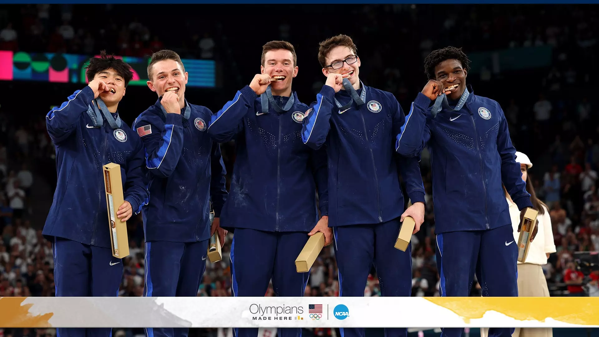 The U.S. Olympic men’s gymnastics team, with a collective five NCAA team titles and 19 individual championships, celebrates winning the bronze medal at the 2024 Paris Olympics, breaking a 16-year medal drought. 