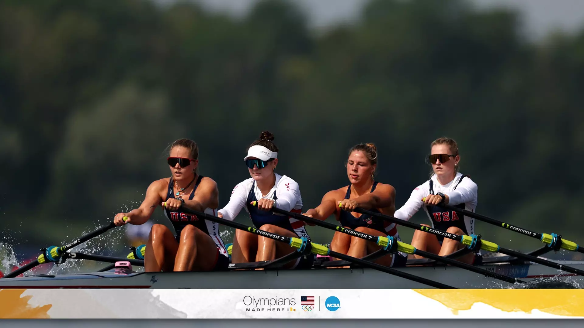 Wisconsin alums Grace Joyce (far right) and Lauren O'Connor (far left) row together at the Paris Olympics. 