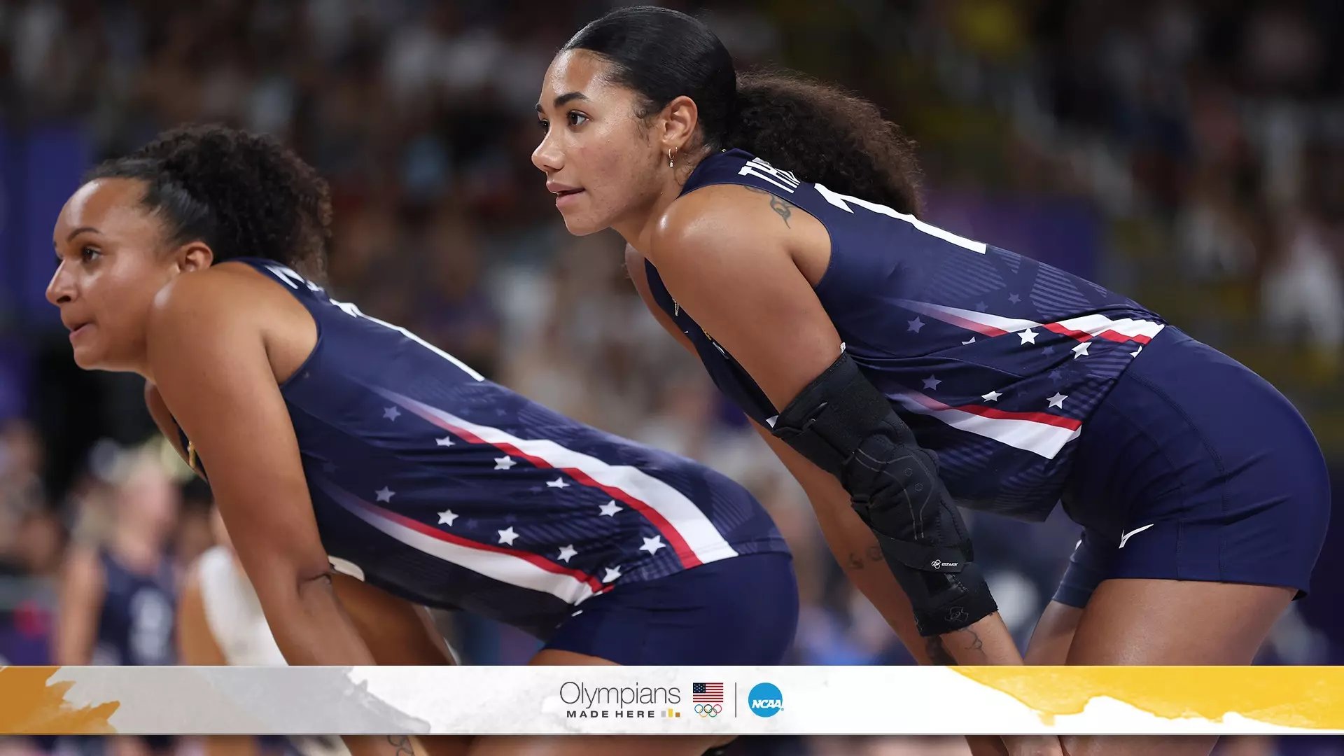 Jordan Thompson (right) looks to help Team USA capture its second straight gold medal in indoor women’s volleyball. The former Cincinnati standout was a key part of the team’s Tokyo Olympic squad. (Photo by Christian Petersen / Getty Images)