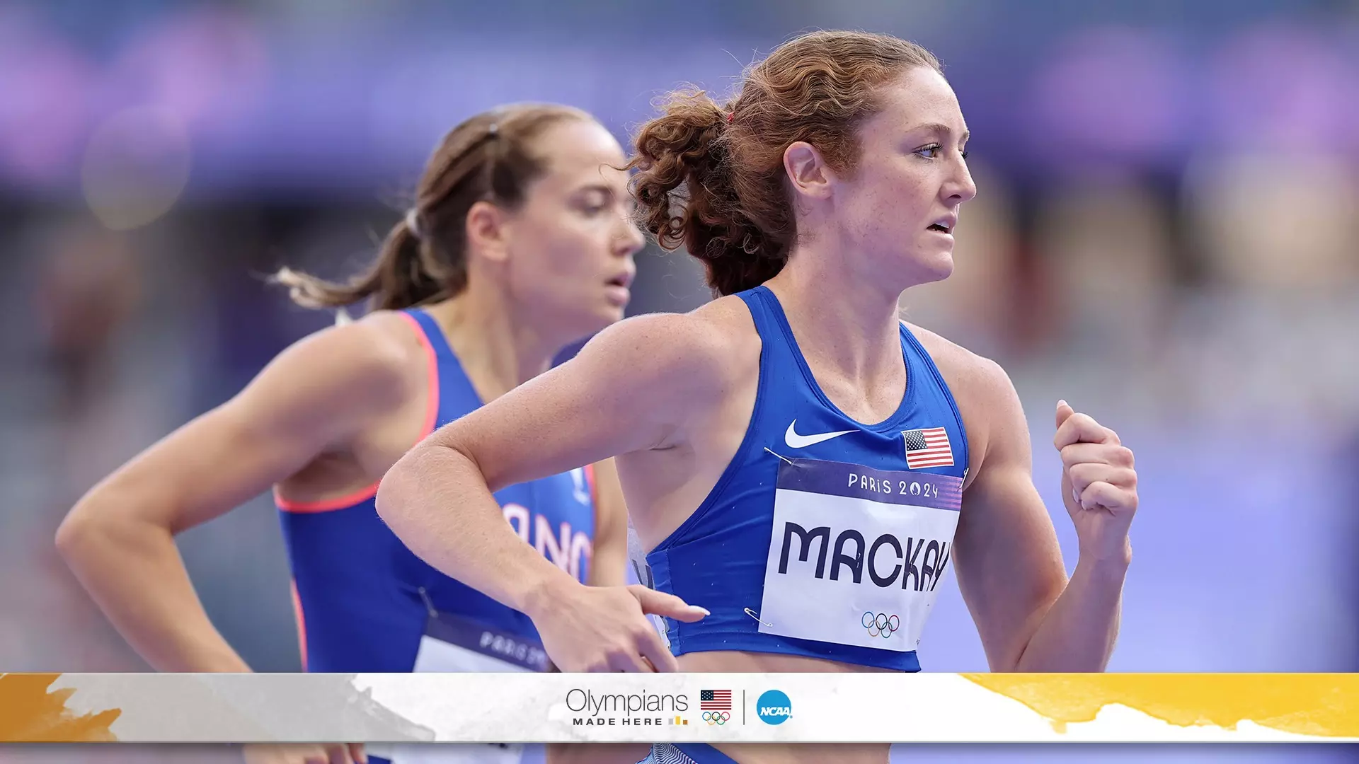Emily Mackay runs during her 1500-meter preliminary race at the Paris Olympic Games. She finished sixth in her heat to secure a spot in the semifinals with a time of 3:59.63
