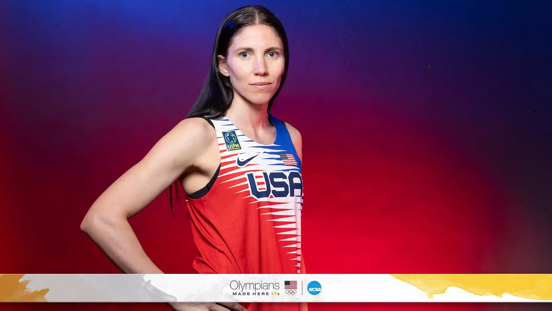 Modern pentathlete Jessica Davis competes in pistol shooting, fencing, swimming, horse riding and running. 