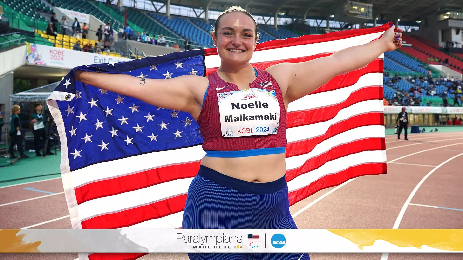 Former DePaul shot put thrower Noelle Malkamaki celebrates after winning gold for the United States in the women’s F46 shot put at the 2024 World Para Athletics Championships in Kobe, Japan. (Photo by Toru Hanai / Getty Images)