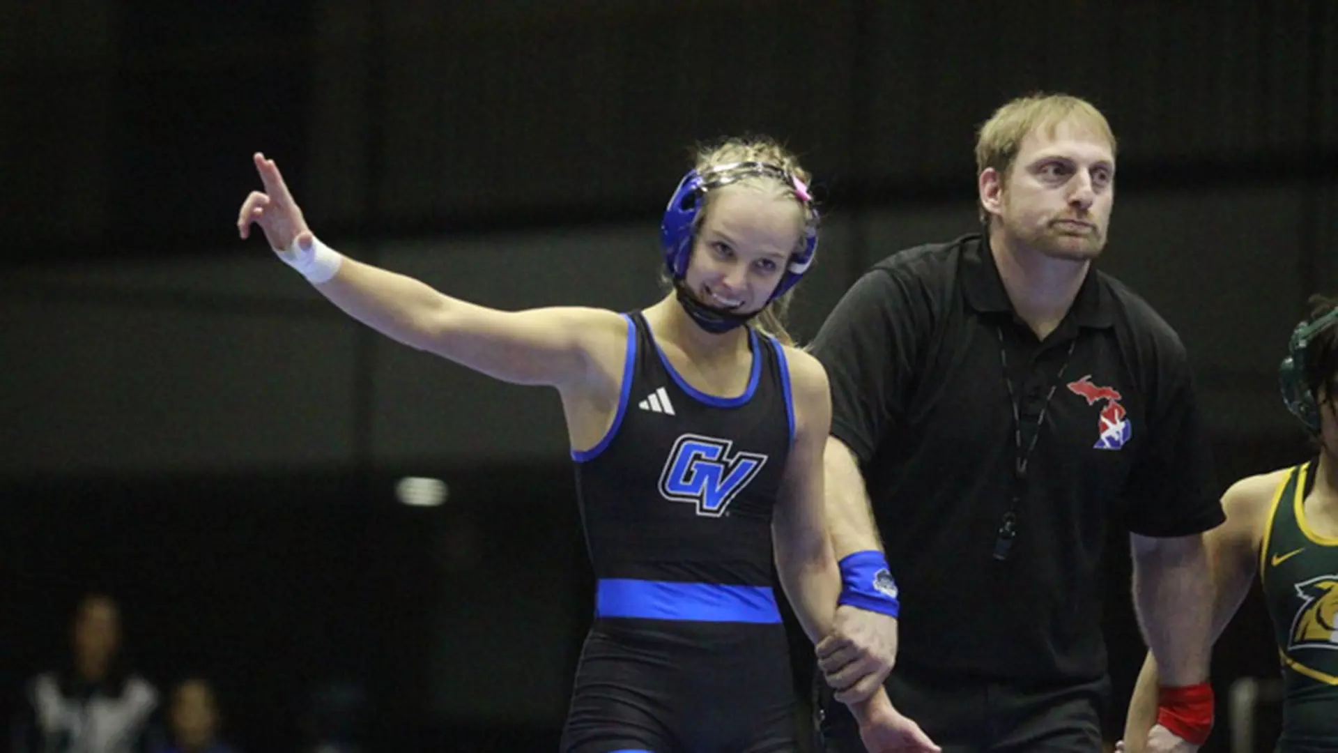 Sage Mortimer began wrestling boys but now relishes being on a women’s team. (Photo courtesy of Grand Valley State) 
