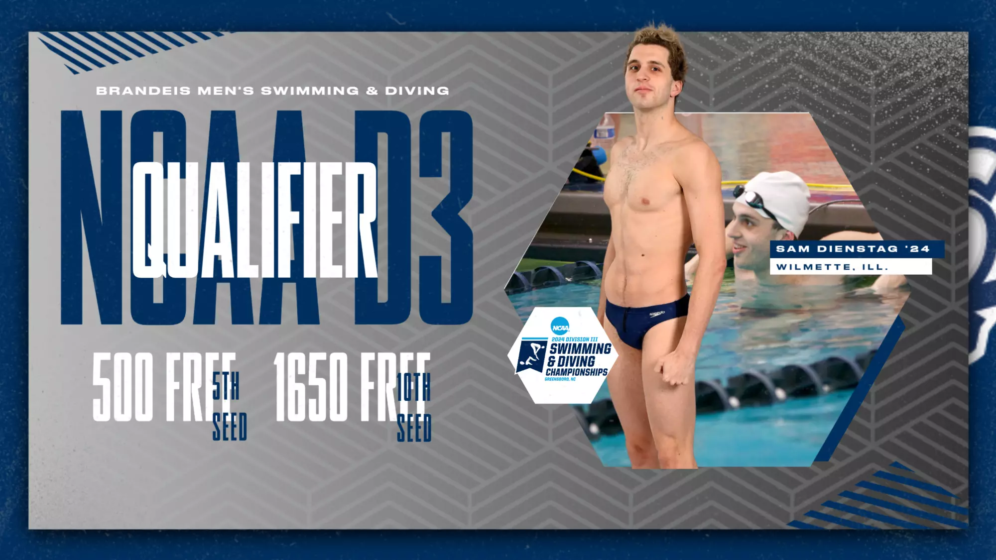 TEXT: Brandeis Men's Swimming and Diving, Sam Dienstag '24, Wilmette, Ill., NCAA D3 Qualifier, 500 Free - 5th seed, 1650 Free, 10th seed; IMAGE: Sam Dienstag posing for the camera in his speedo (foreground) and in the pool smiling (background)