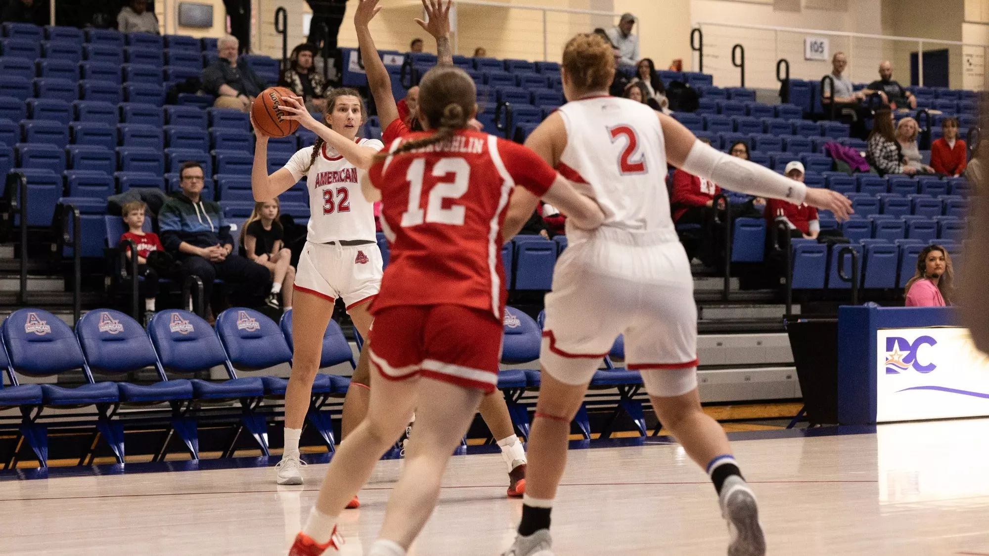Cecilia Kay looks for an open teammate on the court in the first half against Boston University. 