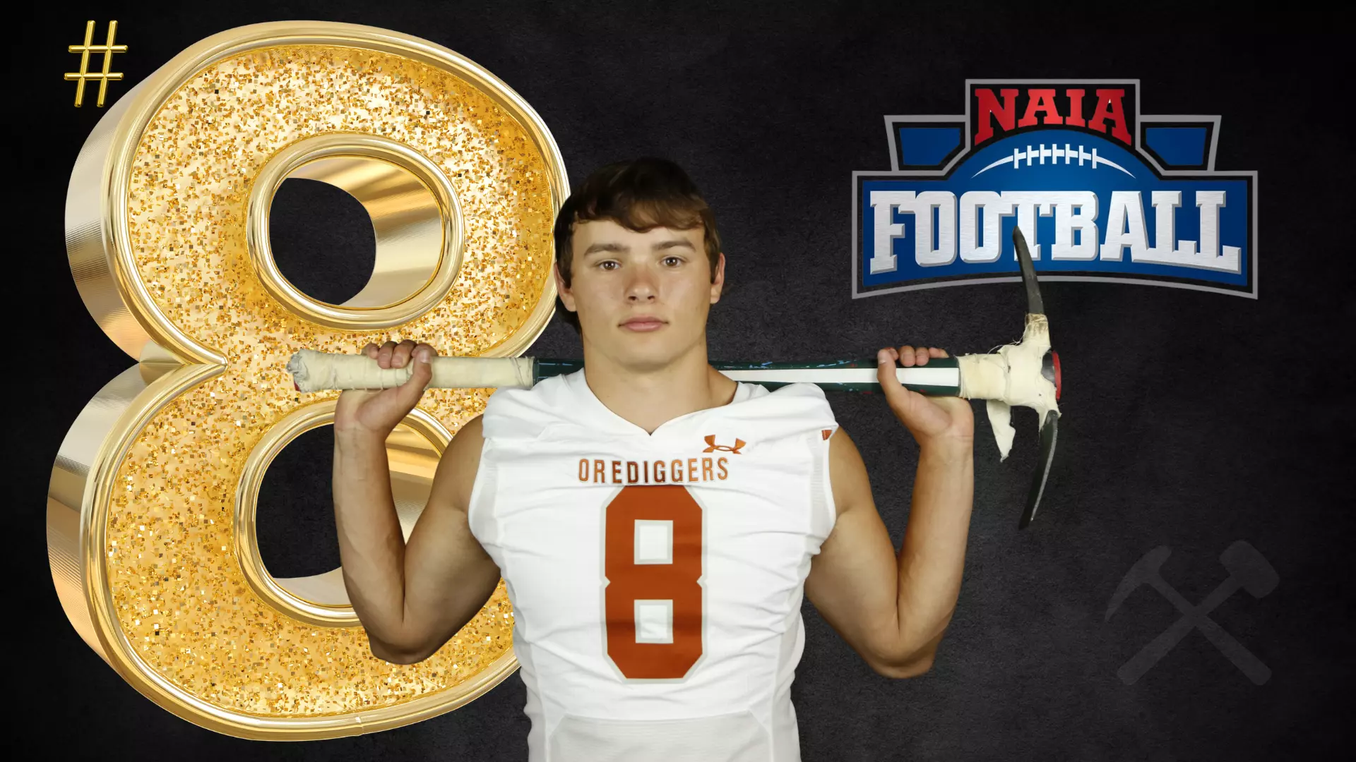 Jarrett Wilson in a #8 Montana Tech football jersey holding a pickaxe over his shoulder