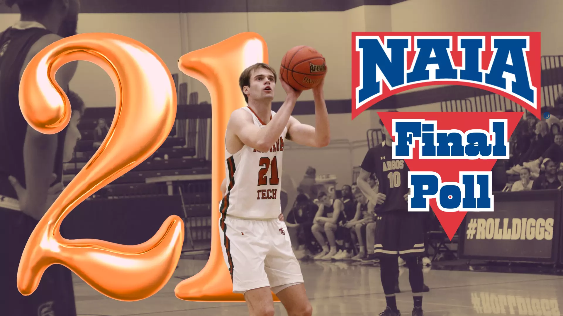 Rhett Reynolds shooting a basketball for Montana Tech with a gold 21 in the background to signify the Orediggers' national ranking.