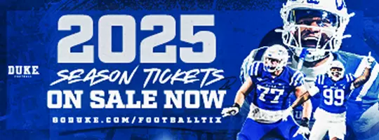 A graphic showing Duke's 2025 football season tickets are on sale now, with three football players yelling in excitement.