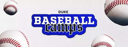Duke baseball camps banner with stylized “Baseball Camps” text and baseball graphics in the corners.