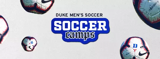Graphic promoting Duke Men's Soccer Camps featuring soccer balls surrounding the text "Duke Men's Soccer Camps."