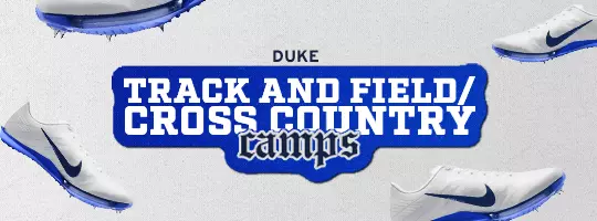 Graphic promoting Duke Track and Field/Cross Country Camps featuring running spikes and the text "Duke Track and Field/Cross Country Camps."