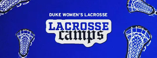 Alt Text: Graphic promoting Duke Women's Lacrosse Camps featuring lacrosse stick heads surrounding the text "Duke Women's Lacrosse Camps."
