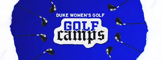 Duke Women’s Golf Camps promotional graphic featuring golf clubs surrounding the camp logo on a blue and white background.