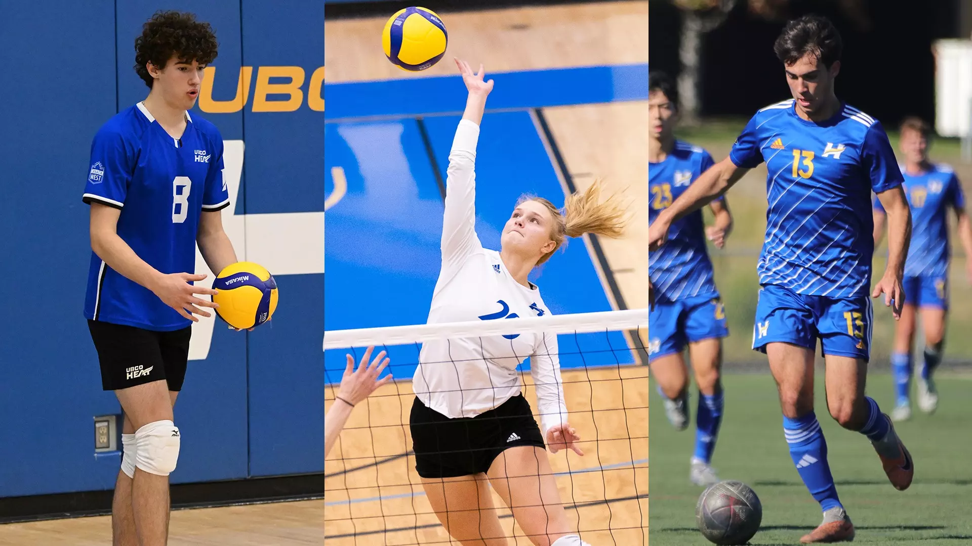 From left to right, Men's volleyball's Seba Manuel, women's volleyball's Natalie Funk and men's soccer's Alex Sol will all be in action at home this weekend