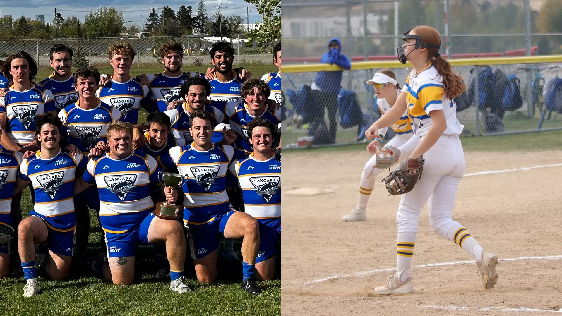 Men's rugby poses with the Hindson Cup (right); Mikhaela Muir fires a pitch against Lethbridge (left)