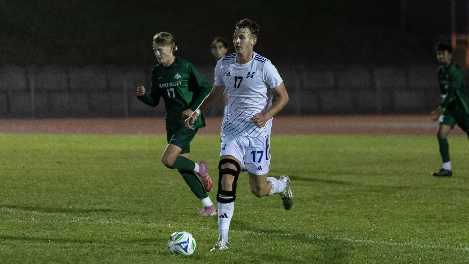 Ian Klumpen of the UBCO men’s soccer team dribbles the ball against the UFV Cascades at Rotary Stadium. 