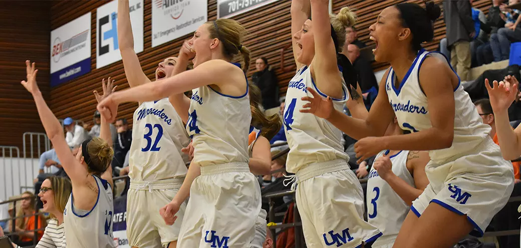 Marauders women's basketball bench celebrates against Upper Iowa Jan 26 2018